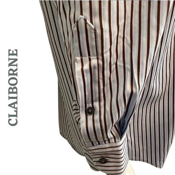 🛍️3/$40 CLAIBORNE Men’s Striped Dress Shirt Classic Blue Brown - Size 16 - Picture 6 of 7